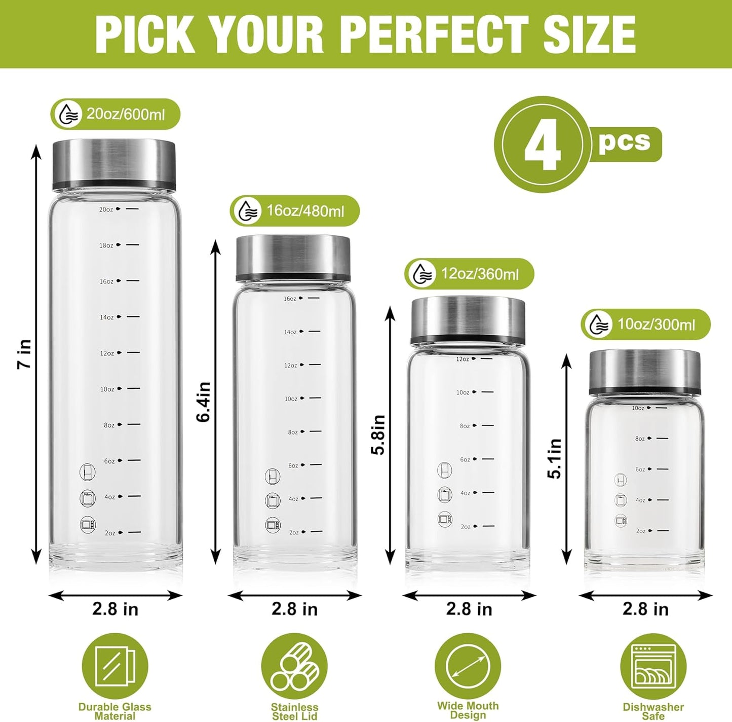 12oz Glass Juice Bottles – 4 Pack Reusable Wide Mouth Bottles with Stainless Steel Lids & Cleaning Brush, BPA-Free Water Bottles for Juicing, Smoothies, Milk, and Protein (360ml)