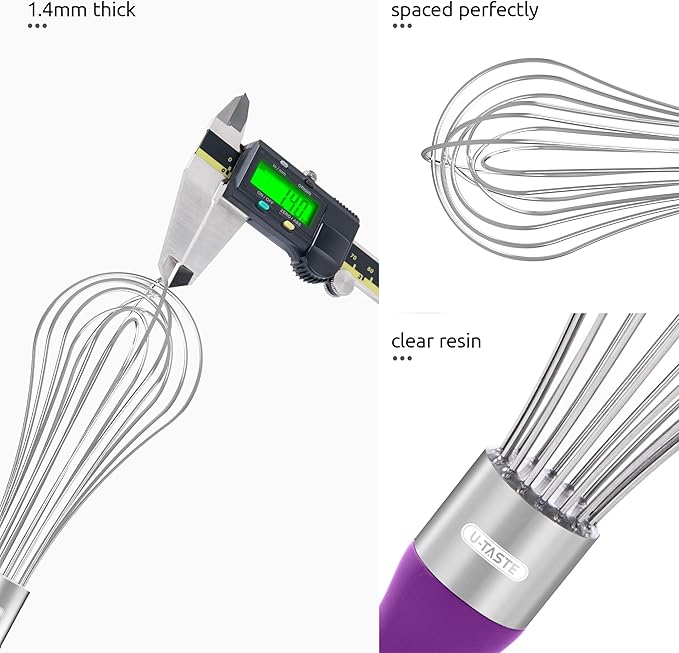 U-Taste Balloon Whisk for Cooking: 18/10 Stainless Steel Kitchen Wire Whisk, Medium Heavy Duty Egg Beater, Manual Baking Mixing Tool with 8 High Flex Wires for Stirring, Blending Sauce (Purple)