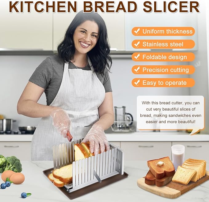 Stainless steel Bread Slicer for Homemade Bread,Adjustable Width,Foldable Compact,Bread Slicing Guide,Bread Loaf Slicer,for Cakes,Bagels,slice is 0.5",Bread width: 5.5"-8.3" (Mirror Silver)