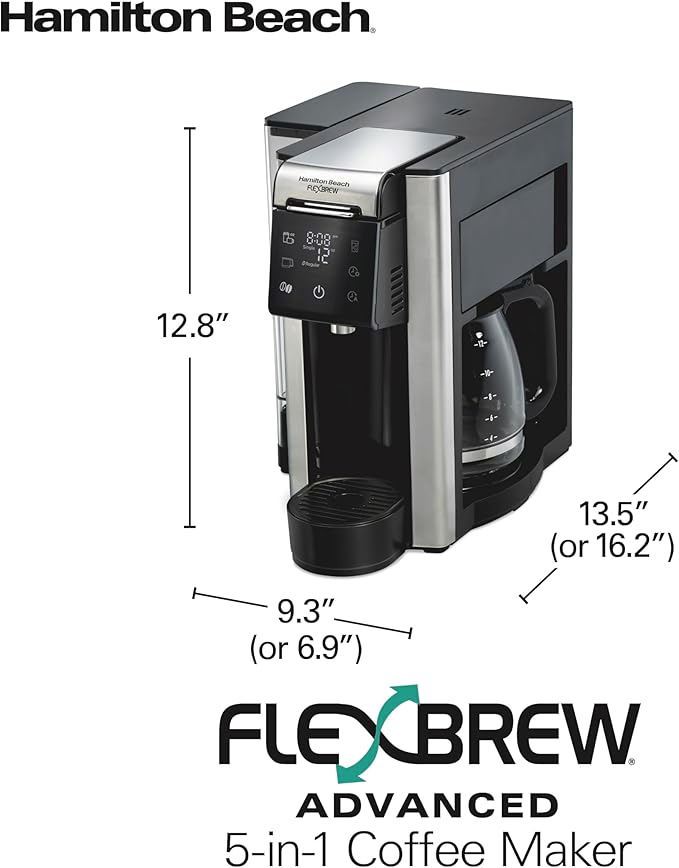 Hamilton Beach FlexBrew Advanced 5-in-1 Programmable 12 Cup Drip and Single Serve Hot & Iced Coffee Maker with Movable 60 oz. Water Reservoir, Fast Brewing, Black R49965 (Renewed)
