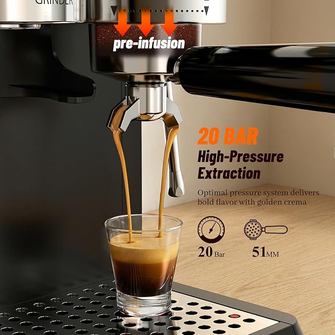 Espresso Machine with Grinder, 20Bar Expresso Coffee Machines with Milk Frother, Professional Compact Stainless Steel Coffee Maker for Espresso, Latte & Cappuccino, Perfect for Home Use