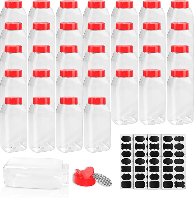 34 Pack 16 oz Plastic Spice Jars with Cap Clear Empty Square Bottle With flip lid Reusable Spice Bottle Large Seasoning Jars Powder Storage Container for Storing Seasoning Powders Supplies(Red)