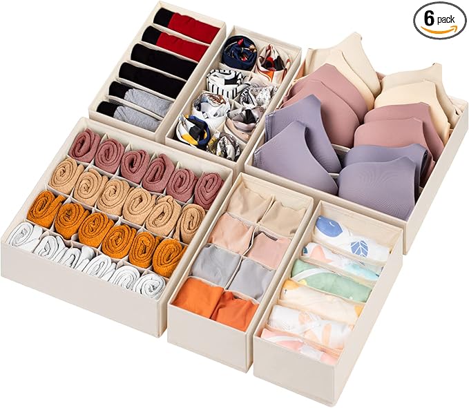 Criusia 6 Pack Sock Underwear Drawer Organizer Dividers, 58 Cell Foldable Fabric Dresser Closet Organizers and Storage Bins for Clothing, Baby Clothes, Bra, Panty, Scarf, Ties (Beige)