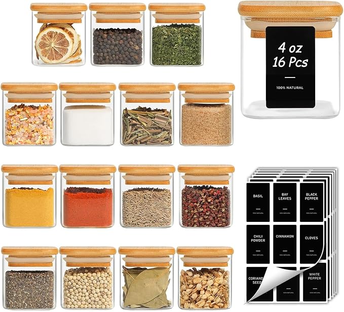 ComSaf 16Pcs Spice Jars with Labes, Glass Jar with Bamboo Lid, 4oz Airtight Square Spice Containers with Black Lables, Empty Seasoning Jars for Spice, Salt, Pepper, Sugar