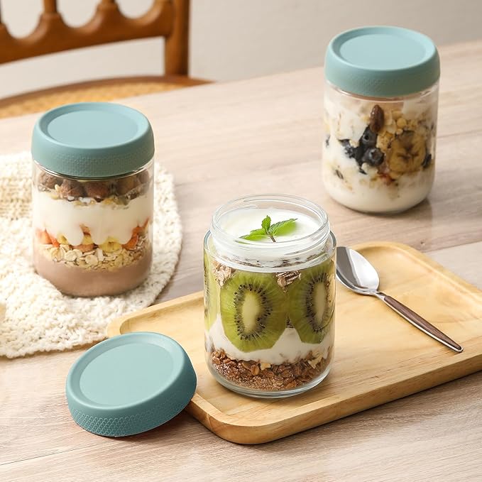 NETANY 6-pack 16oz Glass jars with Airtight Lids, Overnight Oats Containers with Lids, Wide mouth Mason Salad jars, Glass Food Storage Containers for Snacks Yogurt Spice Sugar - Green