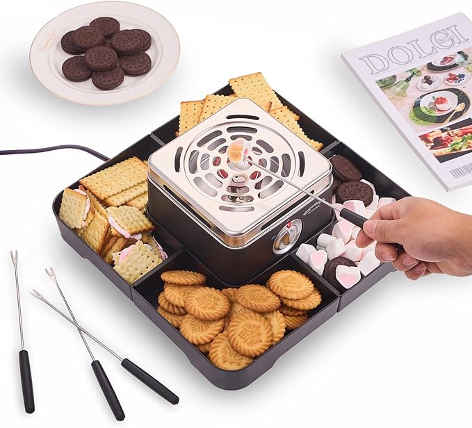 Electric Smores Maker - Indoor Smores Kit with 4 Detachable Trays, 4 Stainless Steel Forks - Flameless Smores Maker Tabletop Indoor Kit (Black)