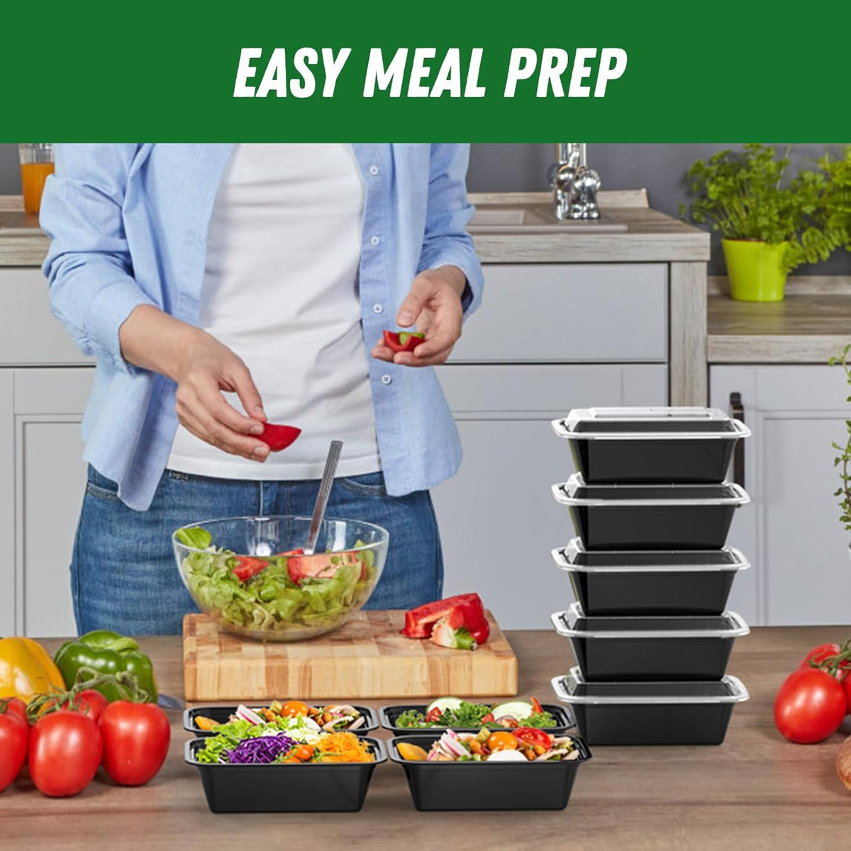 50 Pack (100-Piece) 24 oz Meal Prep Containers Reusable with Lids, Sturdy Leakproof & Food Safe, Microwave, Freezer, Dishwasher Safe Prep Containers, To Go Take Out Plastic Food Storage