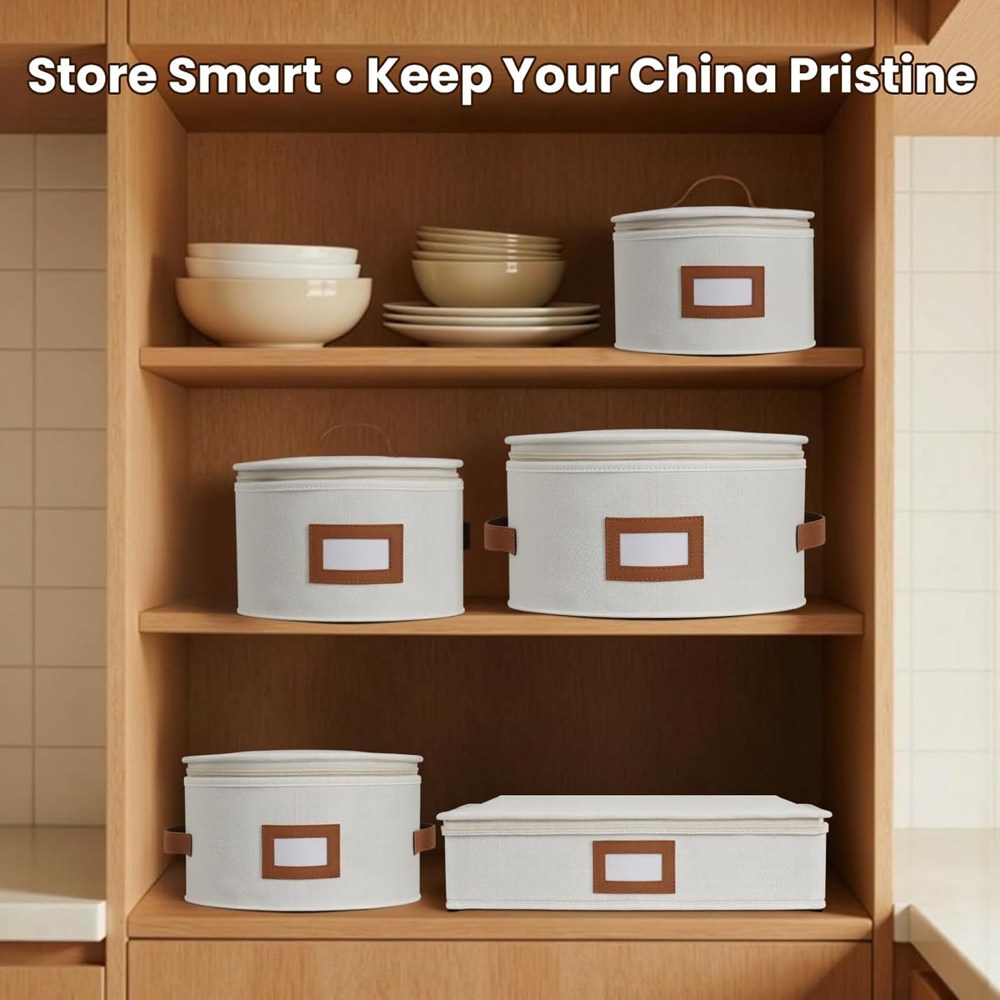 HOMELUX THEORY Saucer Plate Storage Box, 2pc Ivory Hard Shell China Storage Containers Thick Surfaces Lid & 24 Felt Pads, Heavy Duty Moving Box with Handles for Dishes, Dinner Plate, & Dinnerware