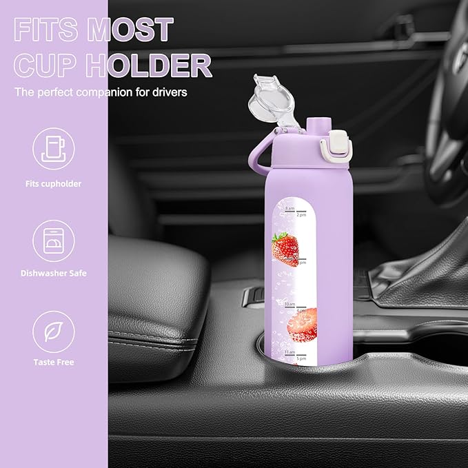 chunmo 32 oz Glass Water Bottle with 2 Lids-Handle Spout Lid & Straw Lid, 1 Liter Motivational Borosilicate Water Bottle with Time Marker and Silicone Sleeve,Leakproof-Purple-1 Pack