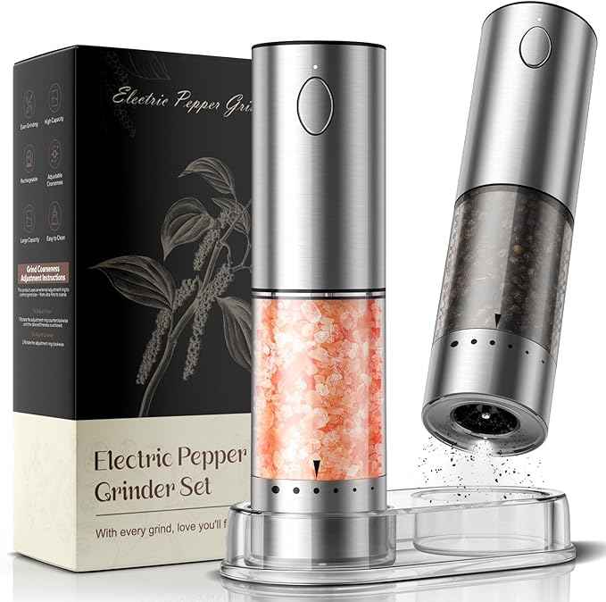 Electric Salt and Pepper Grinder Set – Rechargeable Automatic Salt and Pepper Shaker with 6 Adjustable Coarseness, Large-Capacity Pepper Mill Kitchen Appliances and Home Essentials Gifts for Women