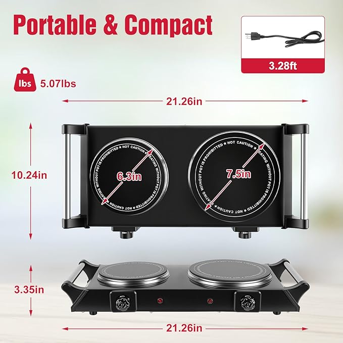 Electric Countertop Double Burner, 1800W Cooktop with Crystal Glass Hot Plate, 5-Level Stepless Temperature Control, Stay Cool Handles, Easy to Clean, Compatible Cooking Stove for Office Home RV