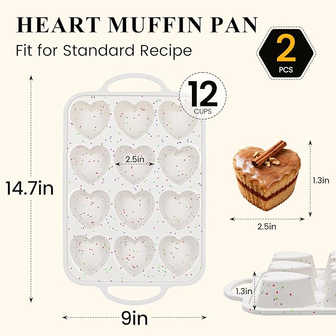 FUNBAKY 2 Pcs Heart Shaped Silicone Muffin Pan，Metal Reinforced Frame, 12-Cavity Nonstick Silicone Heart Mold for Muffins, Cupcakes, Bread,Chocolate Muffin and Tartlets