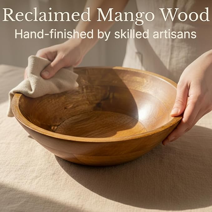 Large Wooden Salad Bowl 11.5 Inches with Serving Utensils, Wooden Fruit Bowl, Mango Wood Bowl Set for Serving, Large Wood Salad Bowl for Family Meals, Pasta, Popcorn, Handcrafted Wooden Serving Bowl