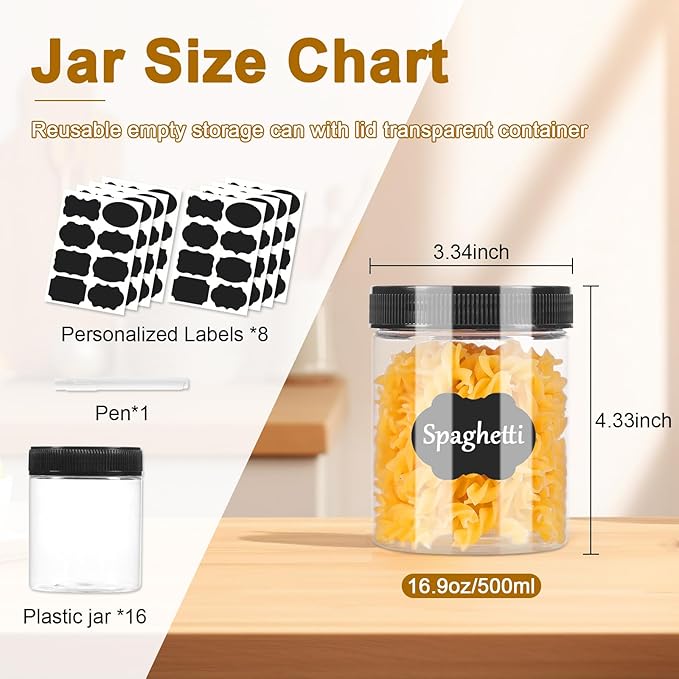 Janisfirst 16oz Clear Plastic Jars With Lids,Plastic Jars With Lids,Airtight Container Ideal For Dry Food, Peanut Butter, Honey Jam,Cream, Bathroom and Storage(set of16)