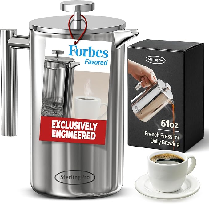 SterlingPro Stainless Steel French Press Coffee Maker 1.5 L (51 oz) Mirror – Double Walled Insulated Large Coffee Press, Durable Design Keeps Drinks Hot, Easy to Use and Clean for Rich Flavor Brewing