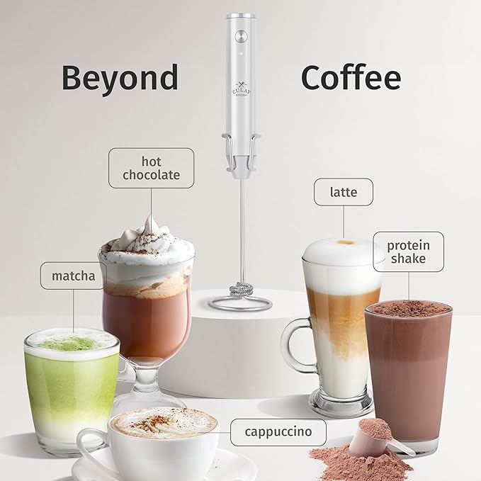 Zulay Kitchen Rechargeable Milk Frother Handheld Lux - Powerful 2-Speed Motor, Waterproof, 2000mAh Battery - Drink Mixer for Latte, Cappuccino, Matcha & Protein Powder - Snow White