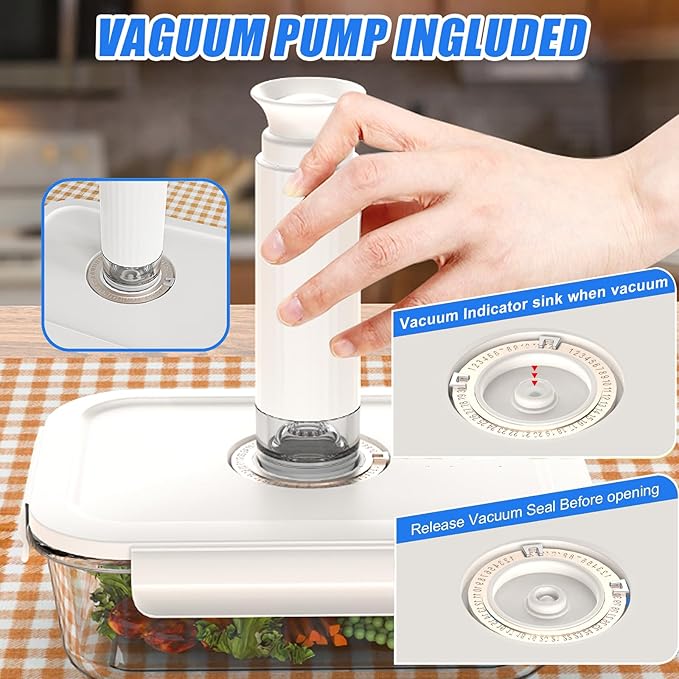 Vacuum Sealer & Food Storage Container for Food, Handheld Vacuum Pump For Glass Vacuum Storage Containers|2 compartment [21 Oz-4 PACK] & 10 Reusable Food Saver Sealer Bags[8.5 Cups]