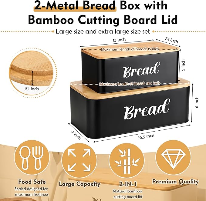 Teenyyou 2 Pcs Extra Large Bread Box with Slicer, Metal Farmhouse Bread Storage Container with Bamboo Cutting Board Lids Multi-size Breadbox Set for Kitchen Countertop(Black)