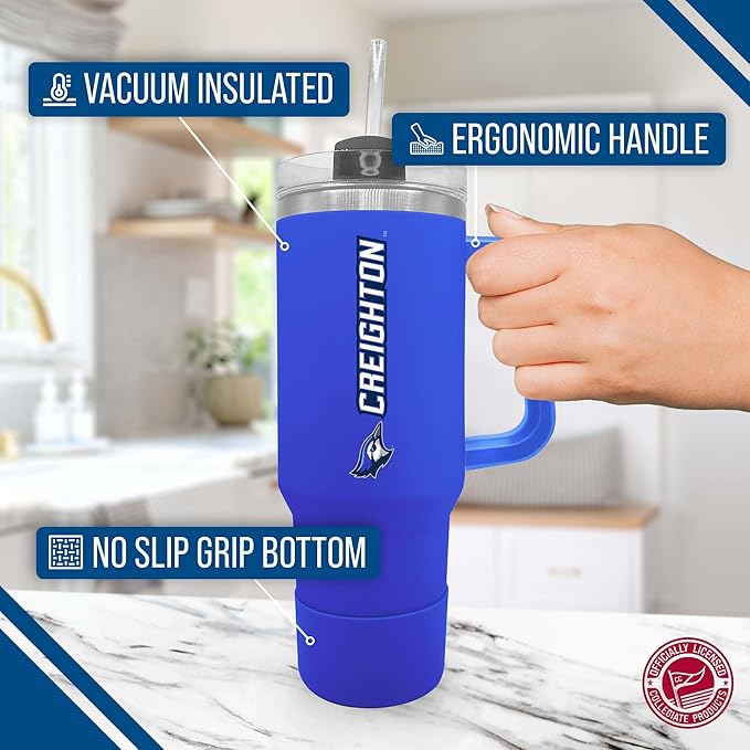 Campus Colors College & University 40 oz Travel Tumbler With Handle - Dual Option Lid With Straw - Vacuum Insulated Stainless Steel (Creighton Bluejays - Royal)