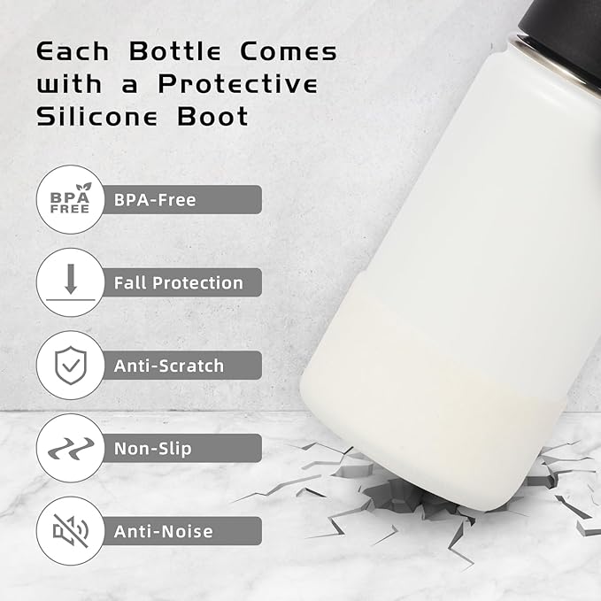 Volhoply 14oz KIds Stainless Steel Insulated Leakproof Water Bottle with Straw Lid and Silicone Boot,BPA-Free Easy Use for Boys&Girls,Double Wall Vacuum Bottles(White,1)
