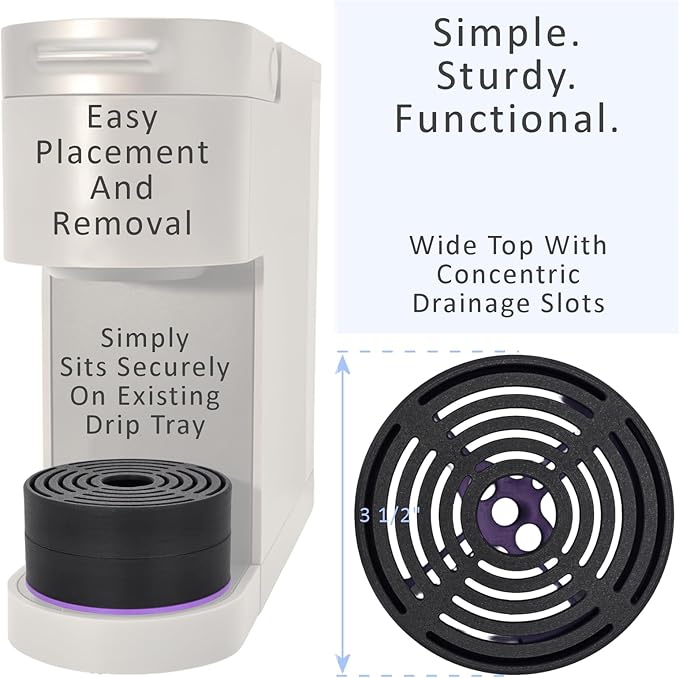 Elevate Anti-Splash Cup Riser Accessory for most Keurig K-cup, Cuisinart Single Serve, and other Coffee Makers, Adjustable for Cup Size and Drip Tray Type (Black with Lilac Base)