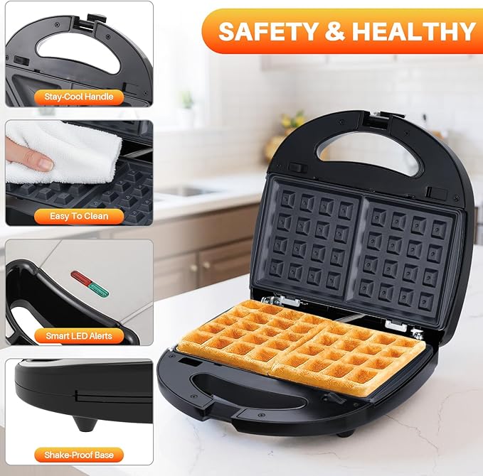 6 in 1 Waffle Iron Set, Panini Press Grill and Electric Sandwich Maker with Removable Non-Stick Plate, Ideal for Cooking Grilled Cheese, Tuna Melts, Burgers