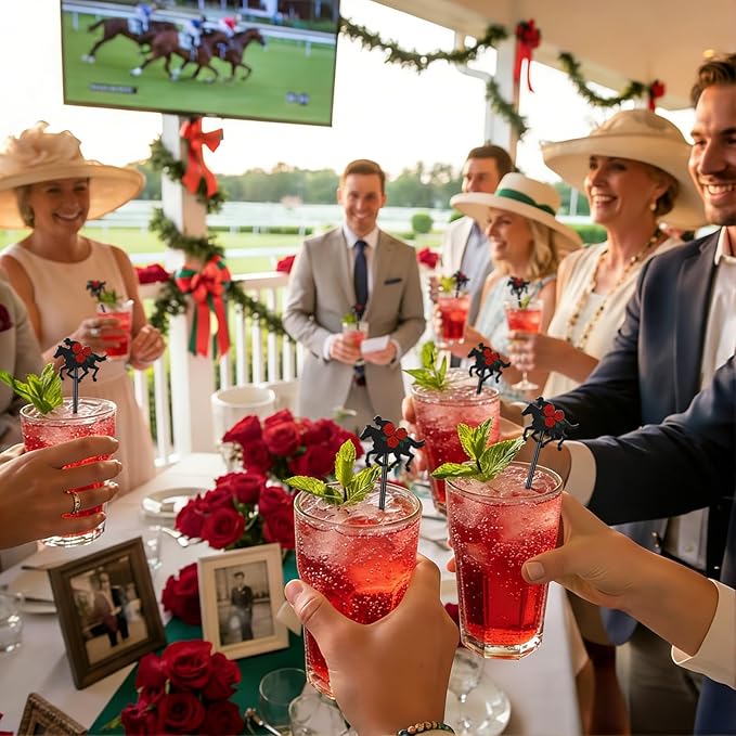 30 Pcs 6 Inch Derby Horse Racing Drink Stirrers with Red Rose, Plastic Racing Swizzle Sticks for Cocktails Reusable Horse Party Decorations for Derby Day Bar Home Party Favors
