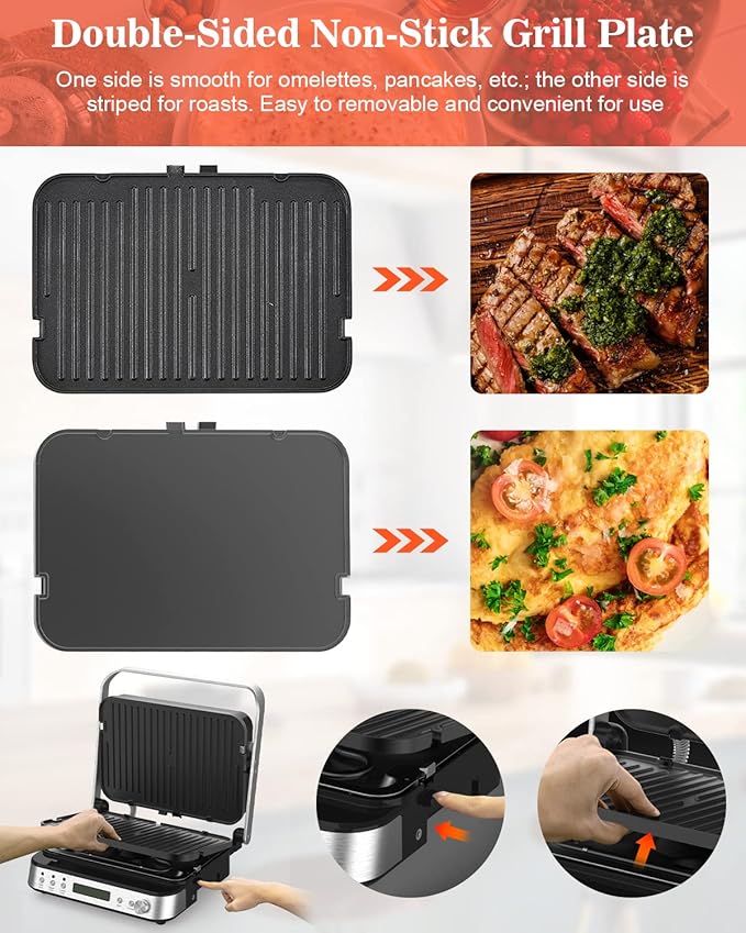Panini Press Grill Sandwich Maker with Removable Plates, 1600W, 5 in 1 Smokeless Indoor Grill & Griddle with Meat Thermometer, Electric Contact Grills for Kitchen, Stainless Steel