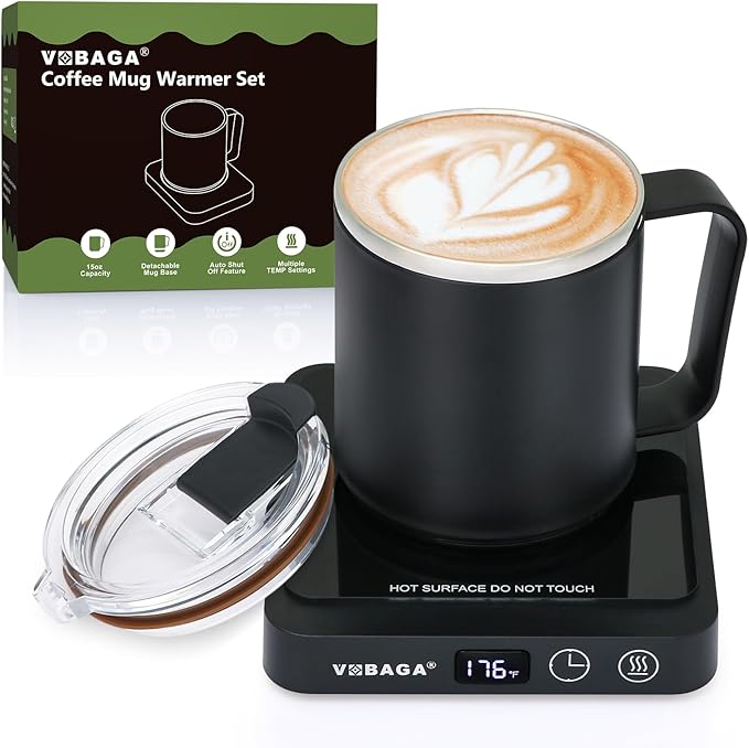 VOBAGA Mug Warmer with 15oz Mug Set, Smart Coffee Mug Warmer for Desk with 5 Temp Settings & 2-12H Auto Shut Off, Coffee Warmer for Candles, Coffee, Cocoa, Milk, Best Coffee Gifts for Men Women