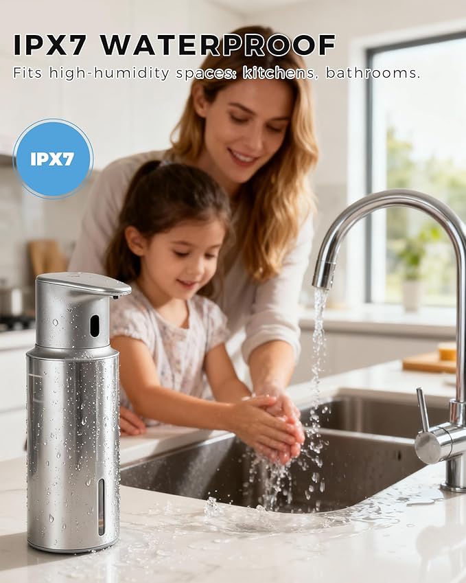 Automatic Liquid Soap Dispenser Touchless, 304 Stainless Steel Bottle Body &16.2oz/480ml Rechargeable, 3 Adjustable Liquid Levels, IPX7 Waterproof, for Kitchen Bathroom, Stainless Steel