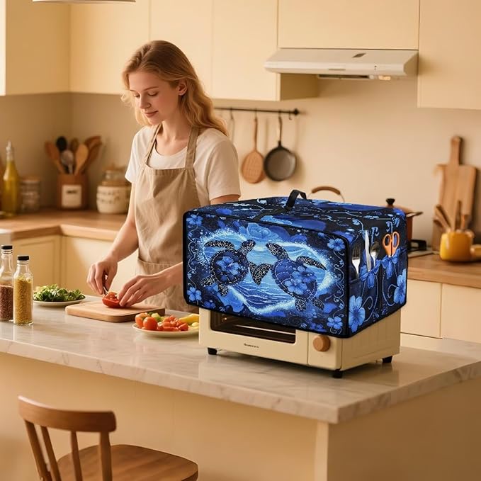 Convection Oven Cover Countertop Appliance Covers Stain-resistant Microwave Oven Protector for Kitchen Home Decor, L, Sea Turtle Love Hibiscus Flower Dark Blue