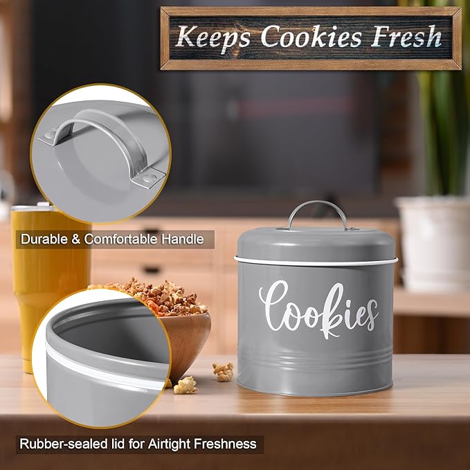 DAYYET Gray Cookie Jar for Kitchen Counter, 1 Gallon Vintage Cookie Jar with Airtight Lid, Large Food Storage Container for Candy, Cookies, Dessert, Farmhouse Kitchen Decor and Accessories