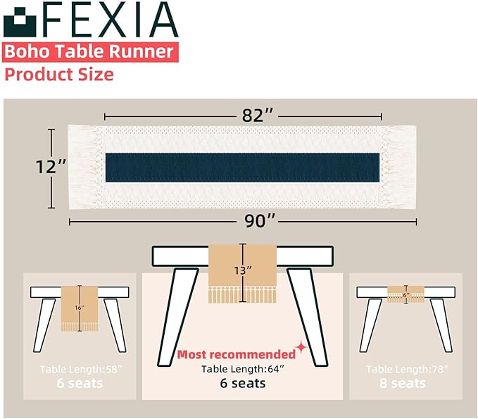 FEXIA Boho Table Runner 90 Inches Long with Tassels Farmhouse Rustic Cream & Blue Macrame for Dining Bedroom Baby Bridal Shower Decor(12x90 Inches)