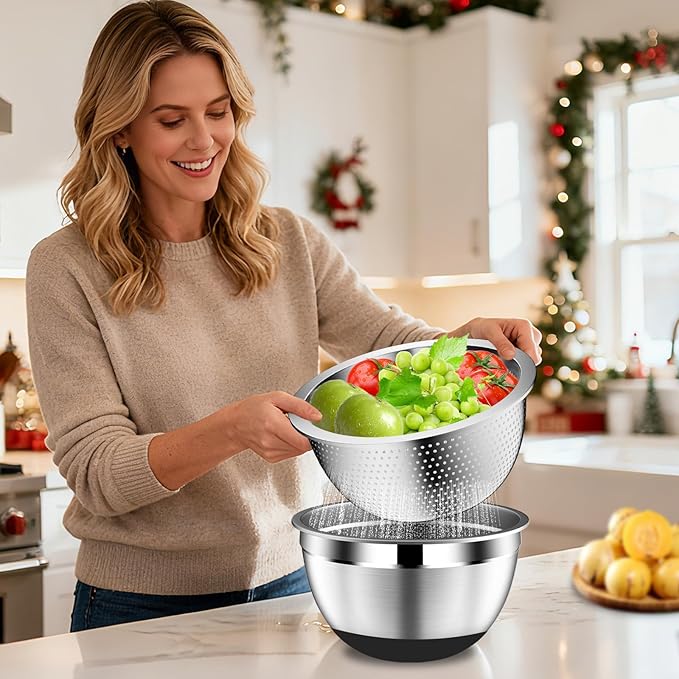 DUTZUN Mixing Bowls with Lids Set - 16pcs Stainless Steel Mixing Bowl Set with Colander, 3 Grater Attachments, Non-Slip Bottom, Metal Nesting Bowls with Strainer for Mixing & Serving - Black