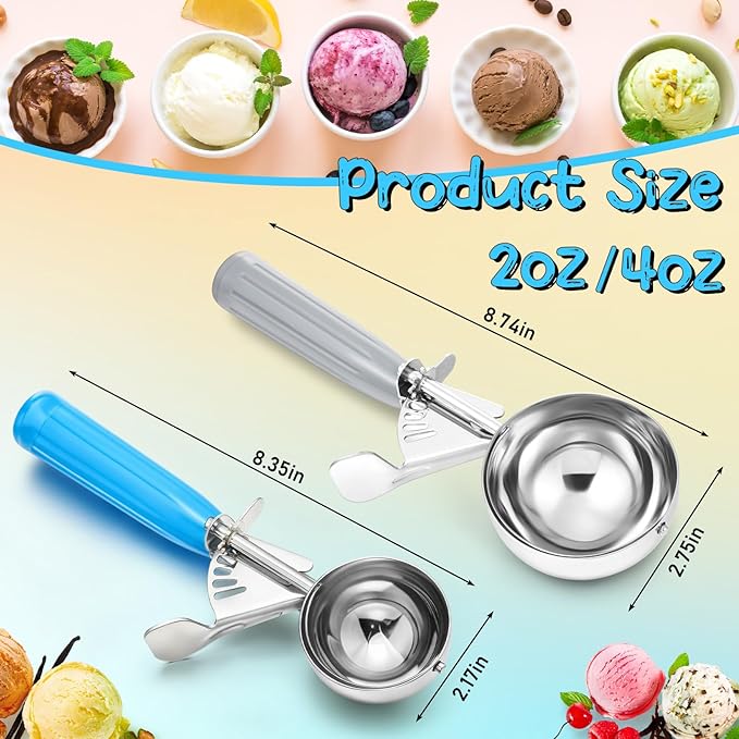 Reallnaive 2 Pcs Release Cookie Scoops Ice Cream Scooper with Trigger Release Portion Scoop Stainless Steel for Portion Control, Baking Food, Cookie Dough (2 Oz+4 oz,Blue and Gray)