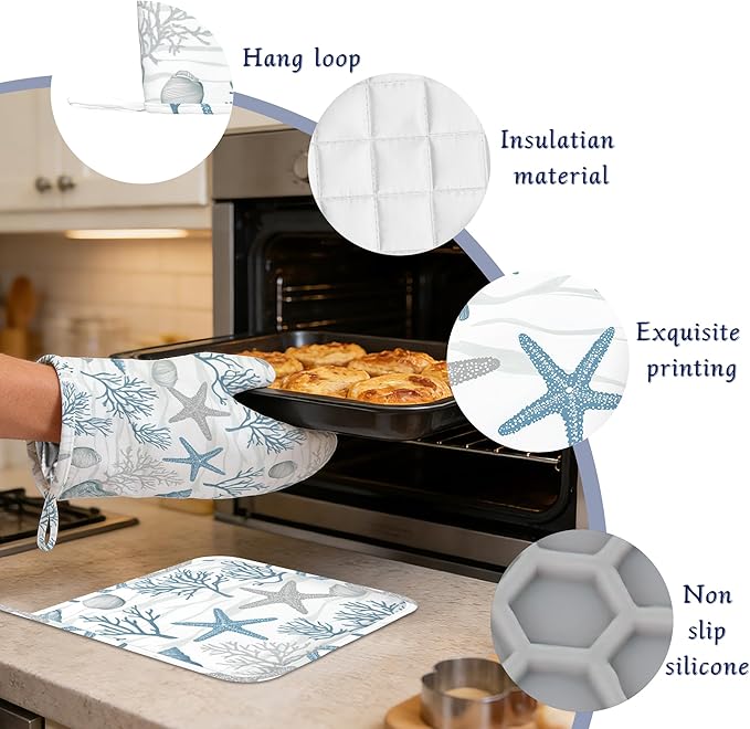 Coastal Beach Starfish Pot Holders and Oven Mitts Set Silicone Ocean Coral Kitchen Gloves Potholders Heat Resistant Washable,Chef Cooking Baking Gifts for Women Men Bakers Lover Cooks