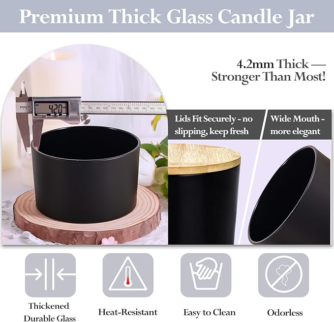CONNOO 24oz Matte Black Glass Candle Jars 6 Pack, Multi-Wick Wide Mouth Empty Bulk Candle Containers for Making Candles with Airtight Bamboo Lids, Sticky Warning Labels, Wick kit- Dishwasher Safe