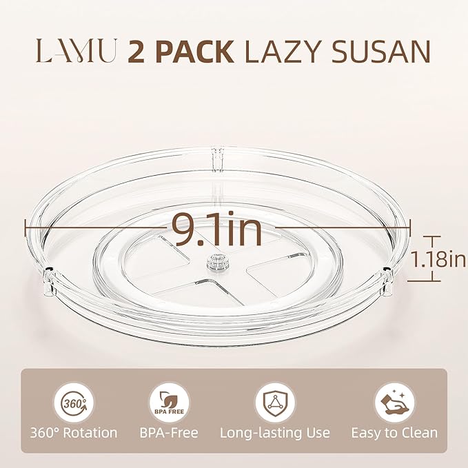 LAMU 10.2'' Wood Lazy Susan Turntable and 2 Pack Clear Lazy Susan Organizer