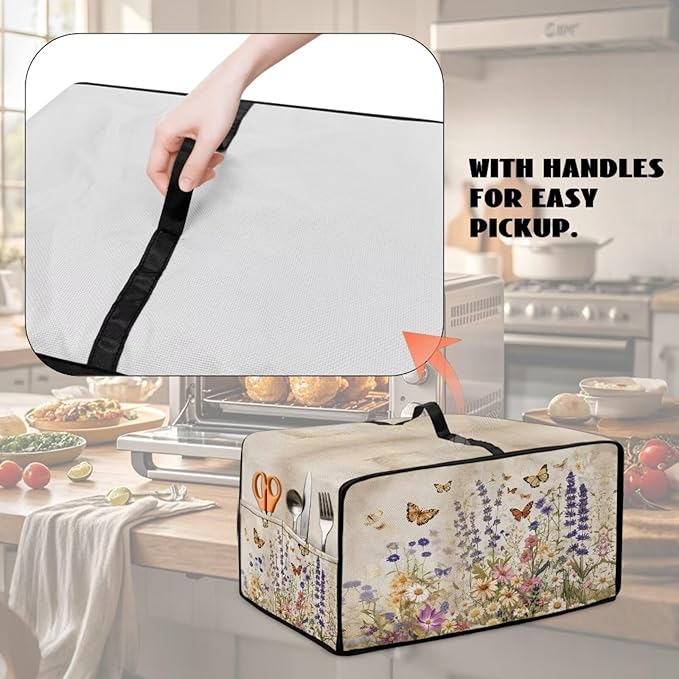 Toaster Oven Cover Washable Small Kitchen Appliance Dust Cover with Pockets, for Air Fryer Toaster Ovens, Microwaves, M, 16.5 x 20.5 x 10 Inches, Retro Floral Butterfly Print