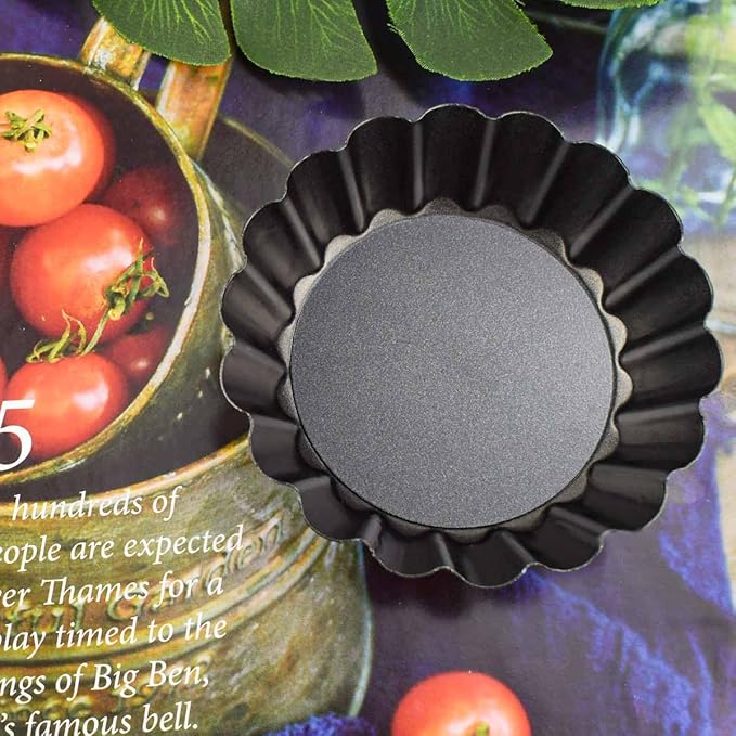 4 Pack Tart Pans Tortilla Pan Set Mini Tart Molds Carbon Steel Taco Shell for Baking 3 Inch Taco Salad Bowl Maker with Removable Bottom NonStick Tortilla Bowl Fluted Side for Quiche Cakes Pies (Black)