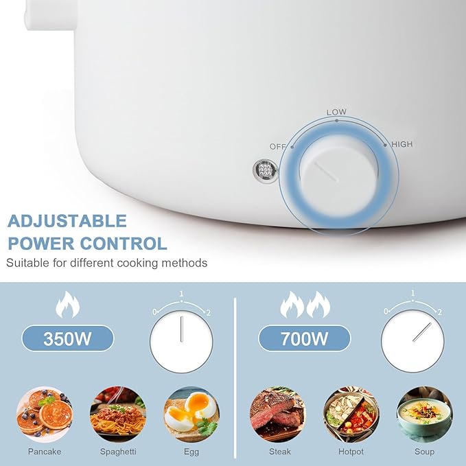 Electric Steamer for Cooking, 2L Ceramic Glaze Non-stick Pot, Dual Power Multi-functional Electric Cooker, Suitable for Steak, Pasta, Hot Pot, Ramen, Quick Heating and Overheat
