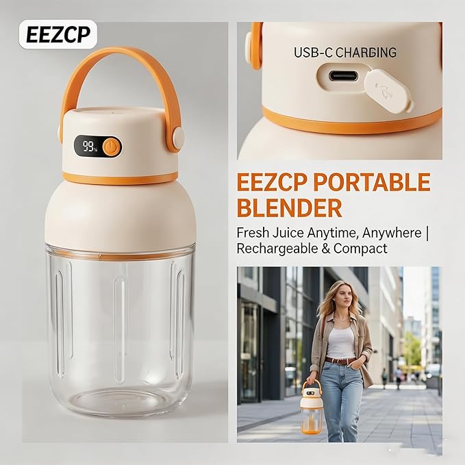 Portable Electric Juicer Cup with Zero Cord Hassle, USB-C Rechargeable, 36 Stainless Steel Blades, 18000 RPM Motor, Leakproof for Shakes,Smoothies,Travel,Gym,Office Outdoor (1000ML)