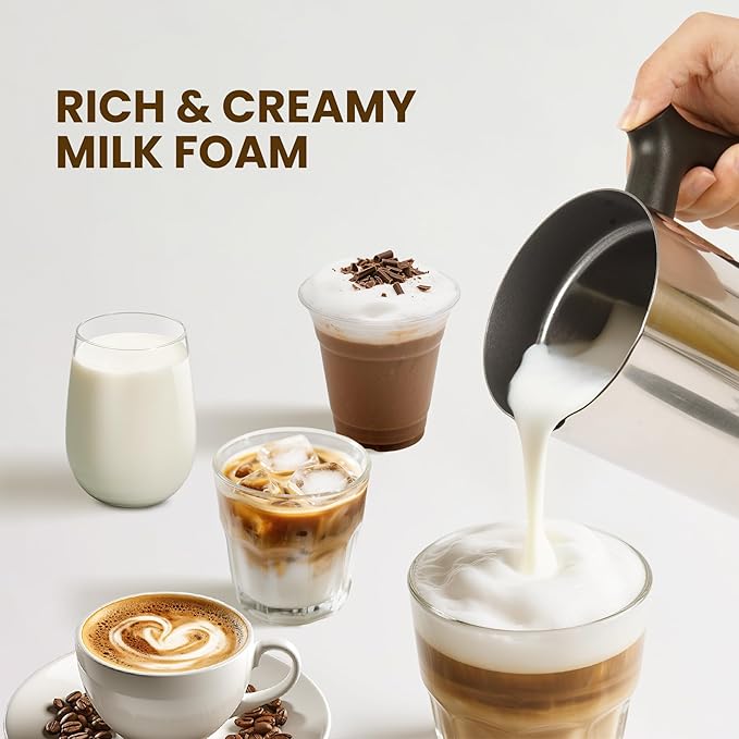Milk Frother, 4-in-1 Milk Frother and Steamer, 10.6oz Electric Milk Steamer, Automatic Cold and Hot Foam Maker for Lattes, Cappuccinos, Ceramic Lining Interior (Polished)