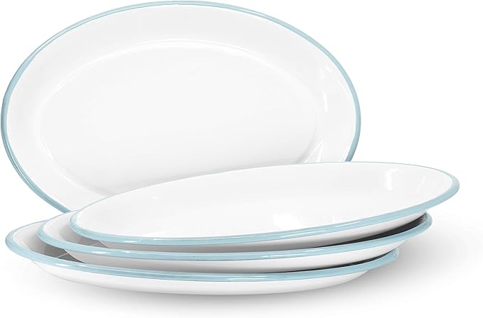 Red Co. Set of 4 Enamelware Metal Classic 13" Serving Oval Tray Platter, Solid White/Teal Rim