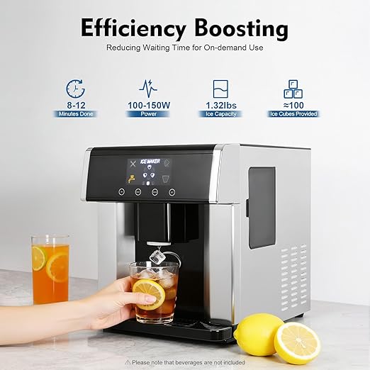 Ice Maker Dispenser, 2-in-1 Ice Maker Machine Countertop with Self-Cleaning Self-Dispensing Touch Control Status Warning Light & Translucent Visual Window Nugget Ice Maker for Homes Cafes Offices Etc