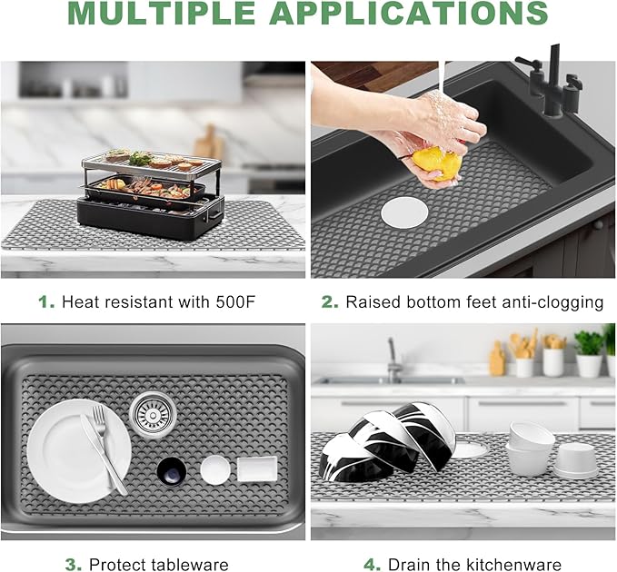 Sink Protectors for Kitchen Sink - Large 28.4"x 15" with Rear Drain Hole Heat Resistant Easy Clean Non-slip Silicone Kitchens Sinks Mat for Bottom of Kitchen Sinks Stainless Steel(Grey)-72x38CM