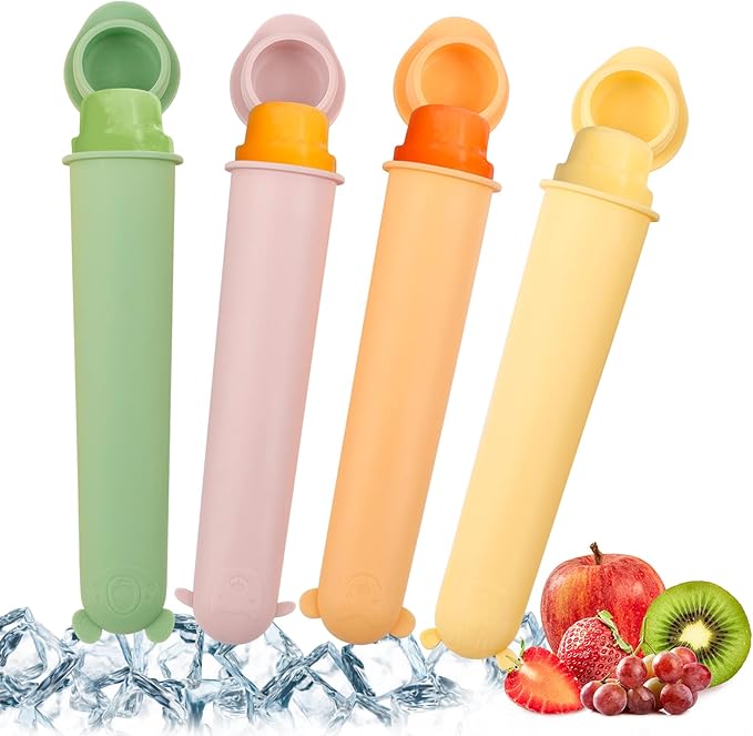 haakaa Food Grade Silicone Ice Pop Mould With Lids BPA Free Reusable Baby Popsicle Molds for Kids,For fresh fruit,Snacks,Popsicle,Yogurt Sticks,3.5oz 100ML,4 Colors,Set of 4