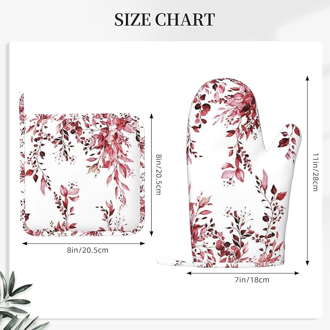 Burgundy Red Eucalyptus Oven Mitts and Pot Holders Set, 4pcs Silicone Watercolor Plant Leaves with Floral Oven Glove for Kitchen Heat Resistant Oven Mitts and Potholders Non-Slip for Cooking