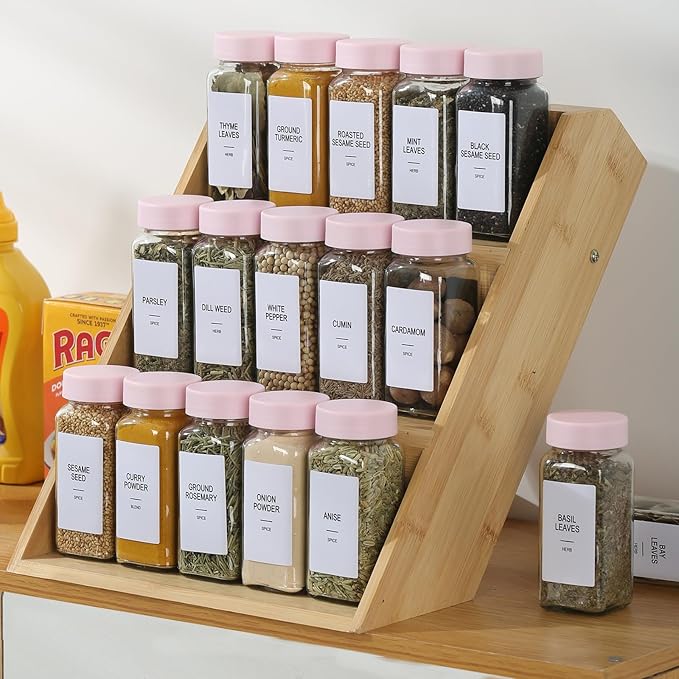 24 Glass Spice Jars with Labels, Spice Jar Set, 4oz Seasoning Containers, Spice Containers with Pink Airtight Lids and Shaker Lids, Square Empty Spice Bottles, 492 Labels, 1 Funnel