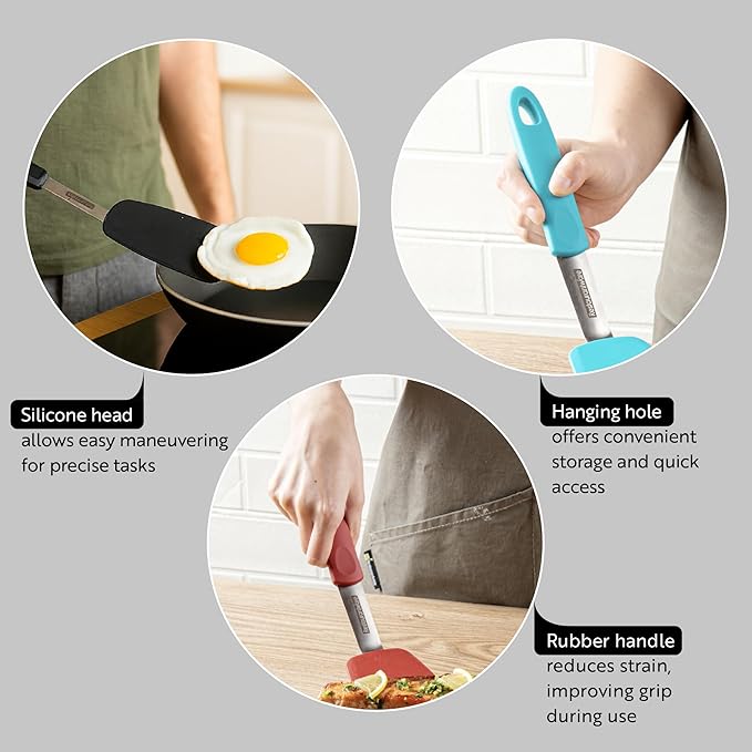 Restaurantware Comfy Grip 12 x 3 Inch Silicone Turner 1 Durable Cooking Turner - Stainless Steel Body Rubber Handle With Hole Gray Silicone Flipper Spatula Tolerates Up To 446F Dishwashable